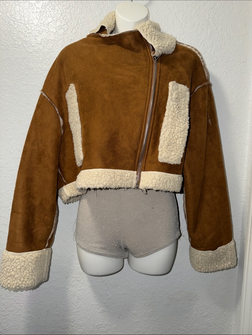 SHEIN Cropped Faux Shearling Puffer Jacket in Brown and Cream